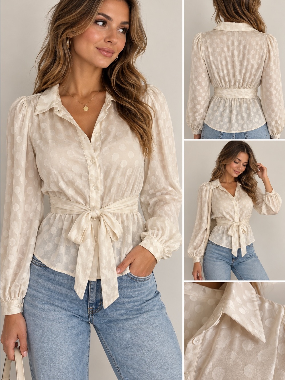 Max Studio Ivory Polka Dot Jacquard Tie Waist Blouse Women’s L Balloon Sleeve